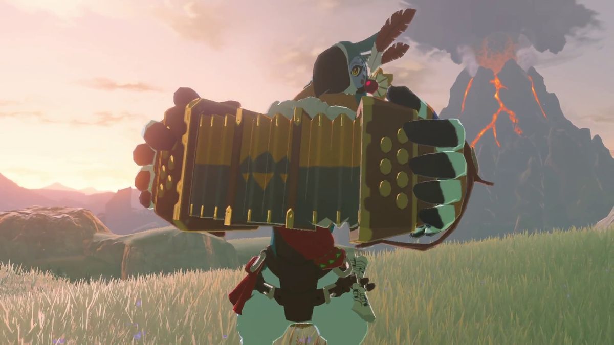 Kass, an anthropomorphic bird, plays accordion with Death Mountain in the background in The Legend of Zelda: Breath of the Wild.