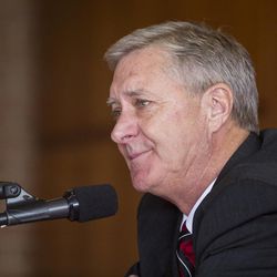 University of Utah athletic director Chris Hill speaks during a press conference regarding his retirement after 31 years in the position at Jon M. Huntsman Center in Salt Lake City on Monday, March 26, 2018. Hill was 37 years old when he took the position in 1987.