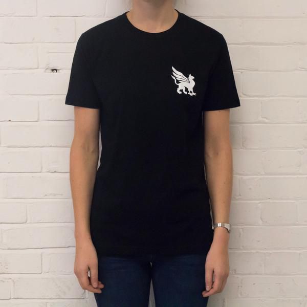 London’s best restaurant merch includes this black t-shirt with a white griffin logo