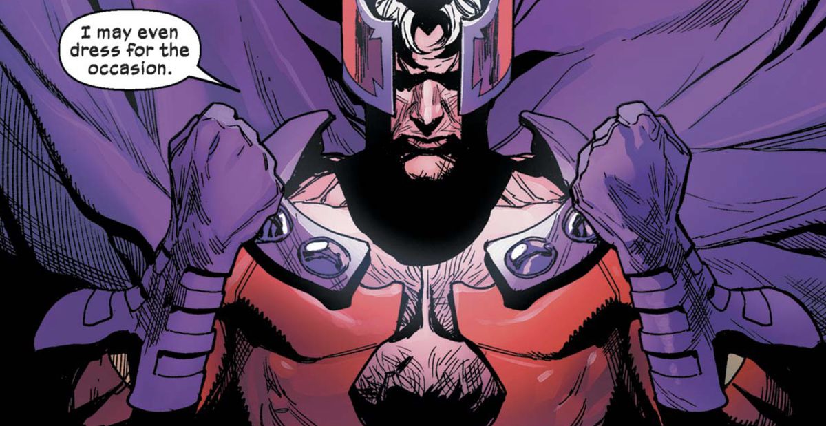 “I may even dress for the occasion,” says Magneto as he uses his magnetism powers to hover the metal pieces of his flamboyant costume onto his body in X-Men #11 (2020). 