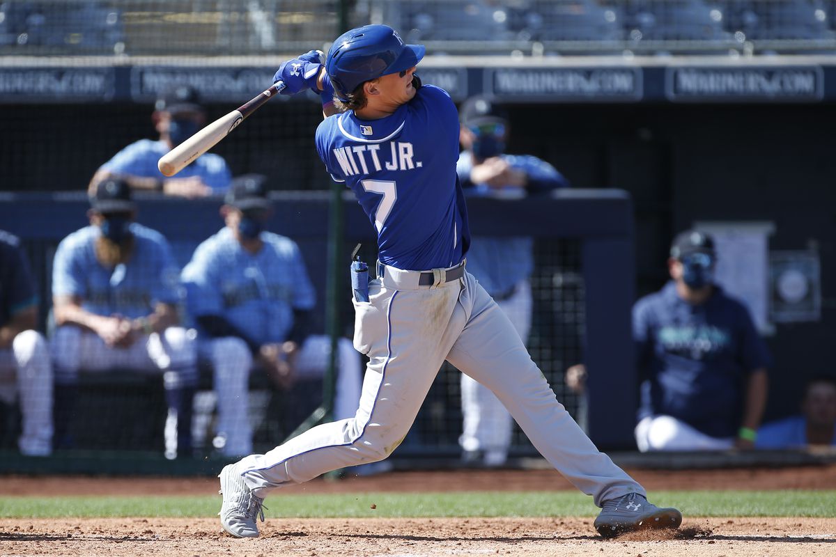 Bobby Witt Jr. #7 of the Kansas City Royals swings during an at bat against the Seattle Mariners in the third inning of the MLB spring training baseball game at Peoria Sports Complex on March 09, 2021 in Peoria, Arizona.