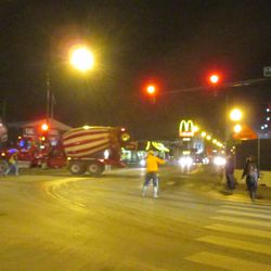 Fri 2/5, 6:02 p.m. Traffic stopped on Clark Street, as a concrete truck pulls out of the work site -