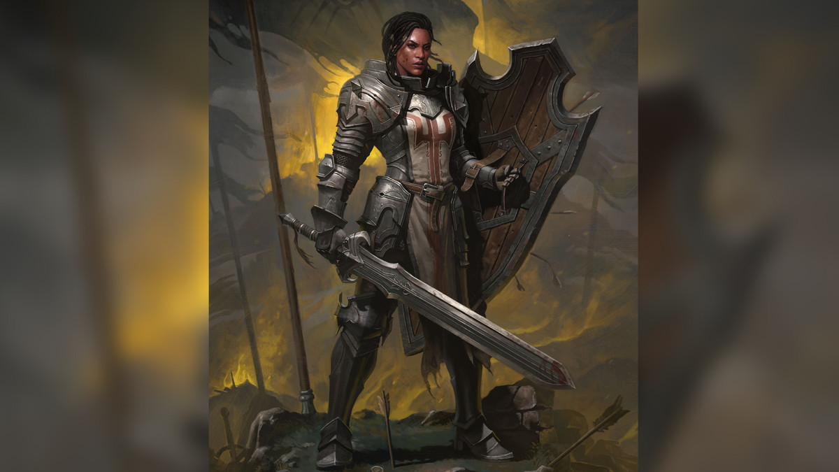 Portrait of an immortal Diablo crusader in plate armor in a red and white plate holding a sword and shield.