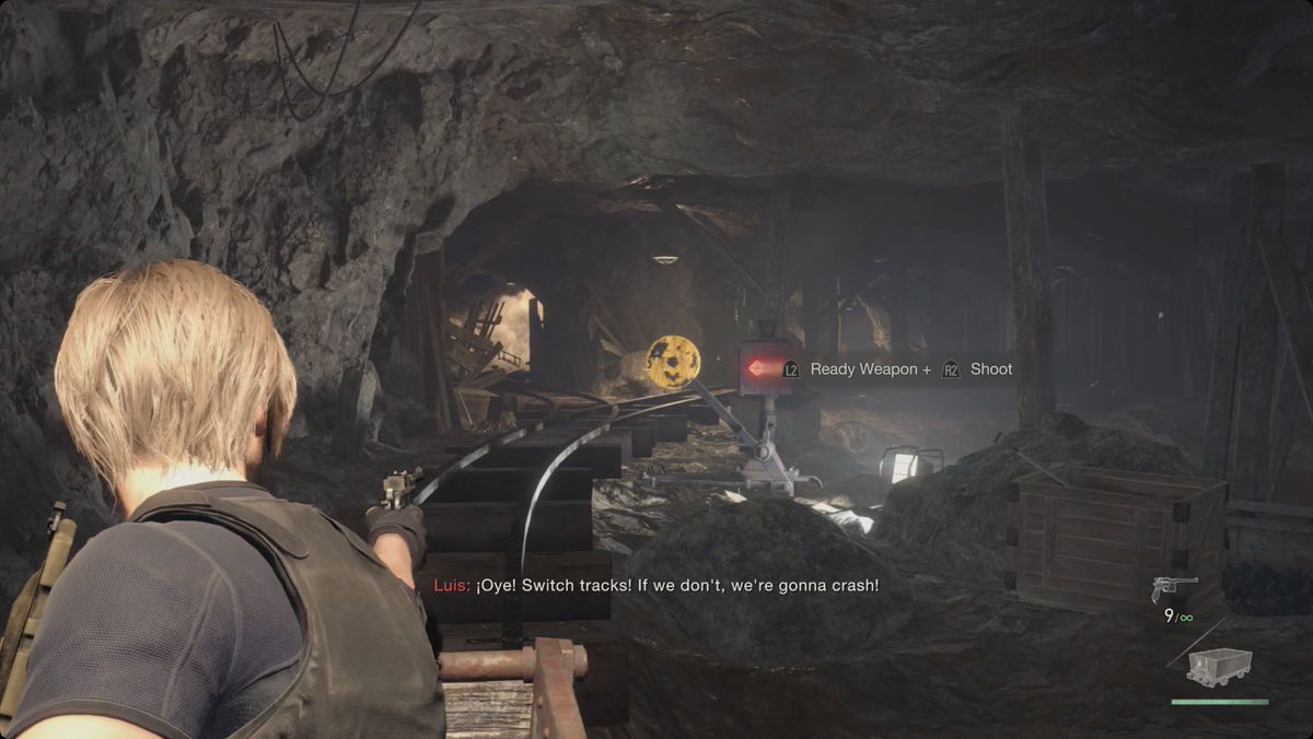 Resident Evil 4&nbsp;remake&nbsp;Leon and Luis in the mine cart. Leon is aiming at a track switch.