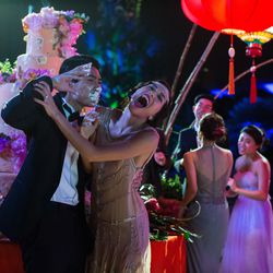 (L-R) CHRIS PANG as Colin and SONOYA MIZUNO as Araminta in Warner Bros. Pictures' and SK Global Entertainment's and Starlight Culture's contemporary romantic comedy “Crazy Rich Asians.”