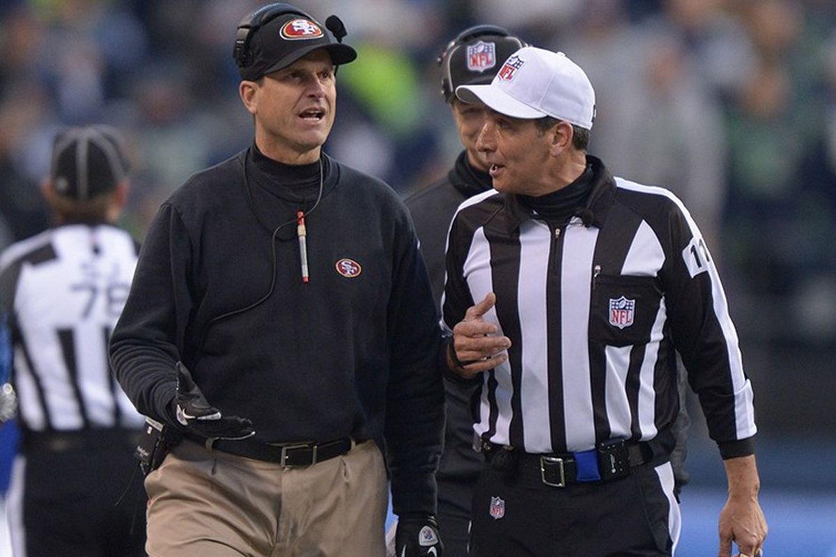 Photo via <a href="http://fansided.com/2014/01/19/nfc-championship-game-49ers-hc-jim-harbaugh-pleading-flag-freaking-gif/">Fansided</a>