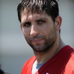Kansas City Chiefs tight end Anthony Fasano (80) speaks with media after the organized team activities at the University of Kansas Hospital Training Complex.