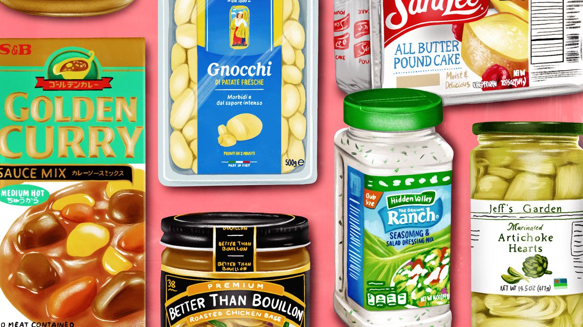 An array of packaged premade ingredients, including DeCecco gnocchi, Sara Lee pound cake, Hidden Valley ranch seasoning, Better Than Bouillon, Golden Curry sauce mix, and Jeff’s Garden artichoke hearts. Illustration.