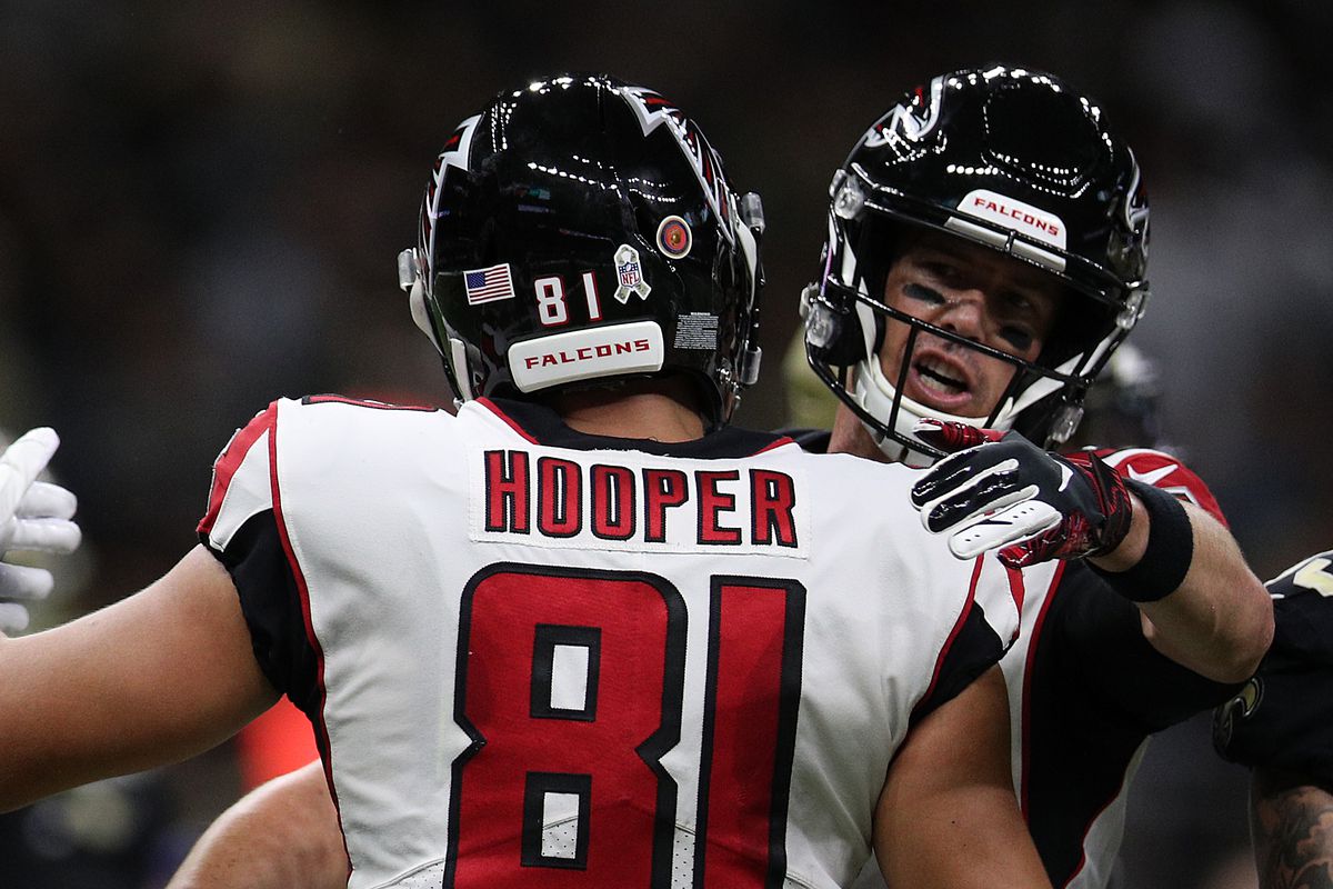 Matt Ryan of the Atlanta Falcons celebrates after a touchdown pass to Austin Hooper against the New Orleans Saints at Mercedes Benz Superdome on November 10, 2019 in New Orleans, Louisiana.