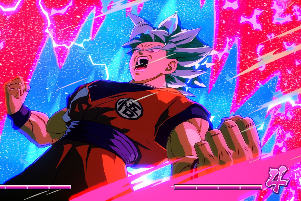 Goku goes Super Saiyan in a screenshot from Dragon Ball FighterZ