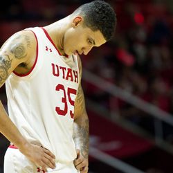 Utah forward Kyle Kuzma (35) hangs his head in the final seconds of an NCAA college basketball game against Butler at the Huntsman Center in Salt Lake City on Monday, Nov. 28, 2016. Butler took down Utah 68-59 to remain undefeated.