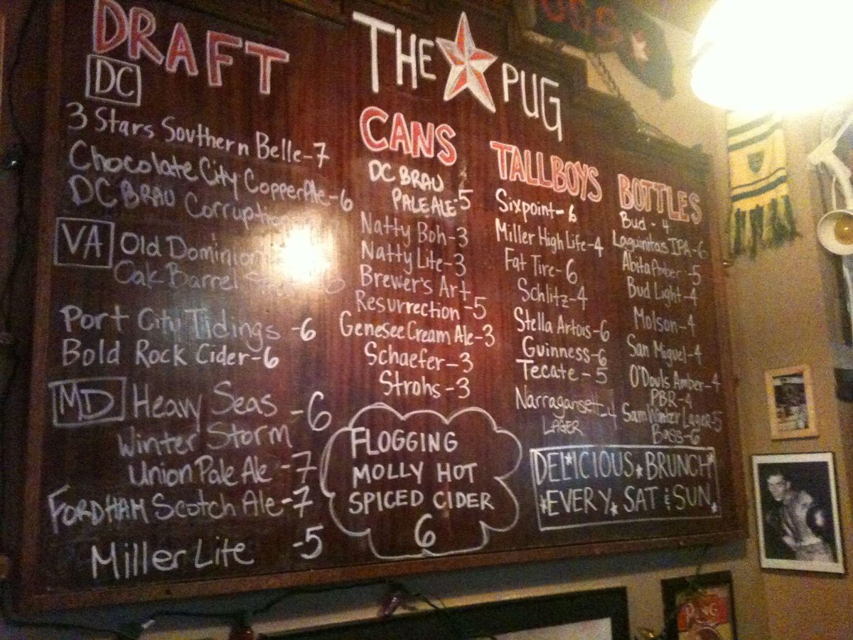 The menu on the wall at the Pug.