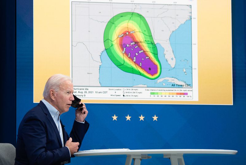 US President Joe Biden speaks during a virtual briefing by Federal Emergency Management Agency officials on preparations for Hurricane Ida, in the South Court auditorium of the White House in Washington, DC, on August 28, 2021