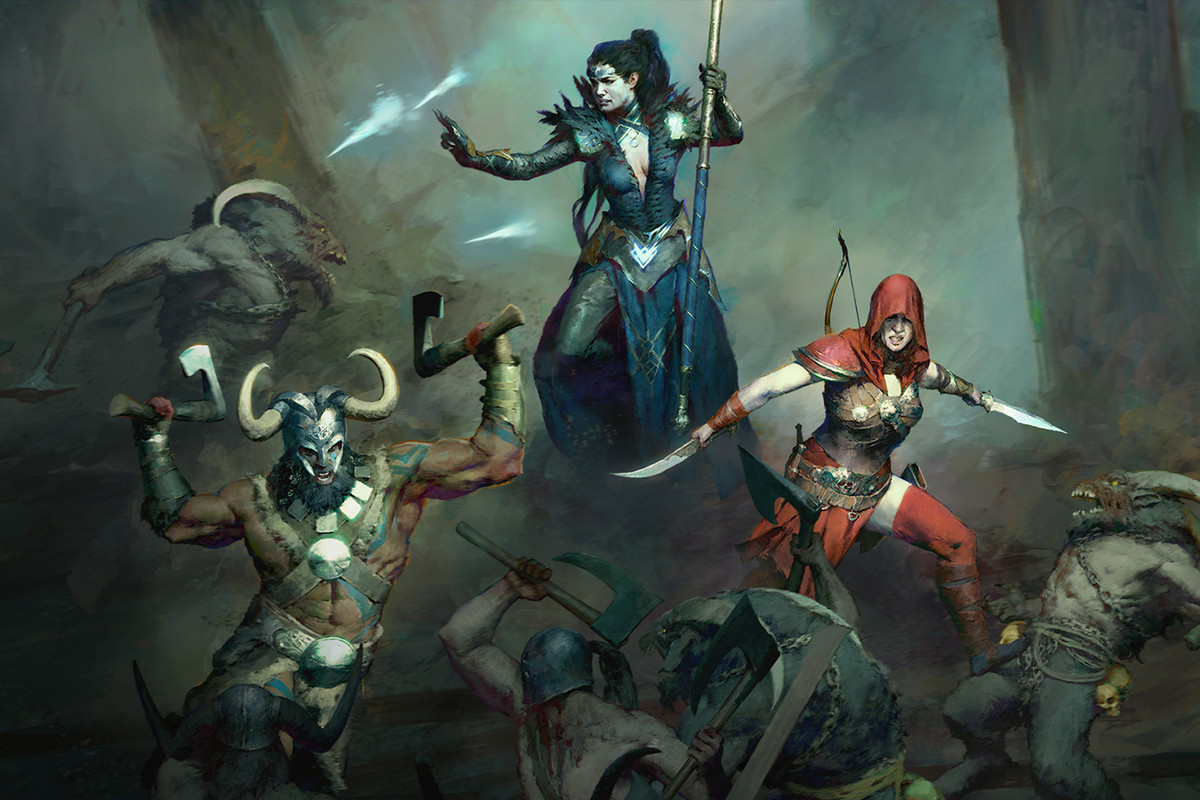Diablo 4’s Necromancer, Barbarian, and Rogue classes fight off enemies