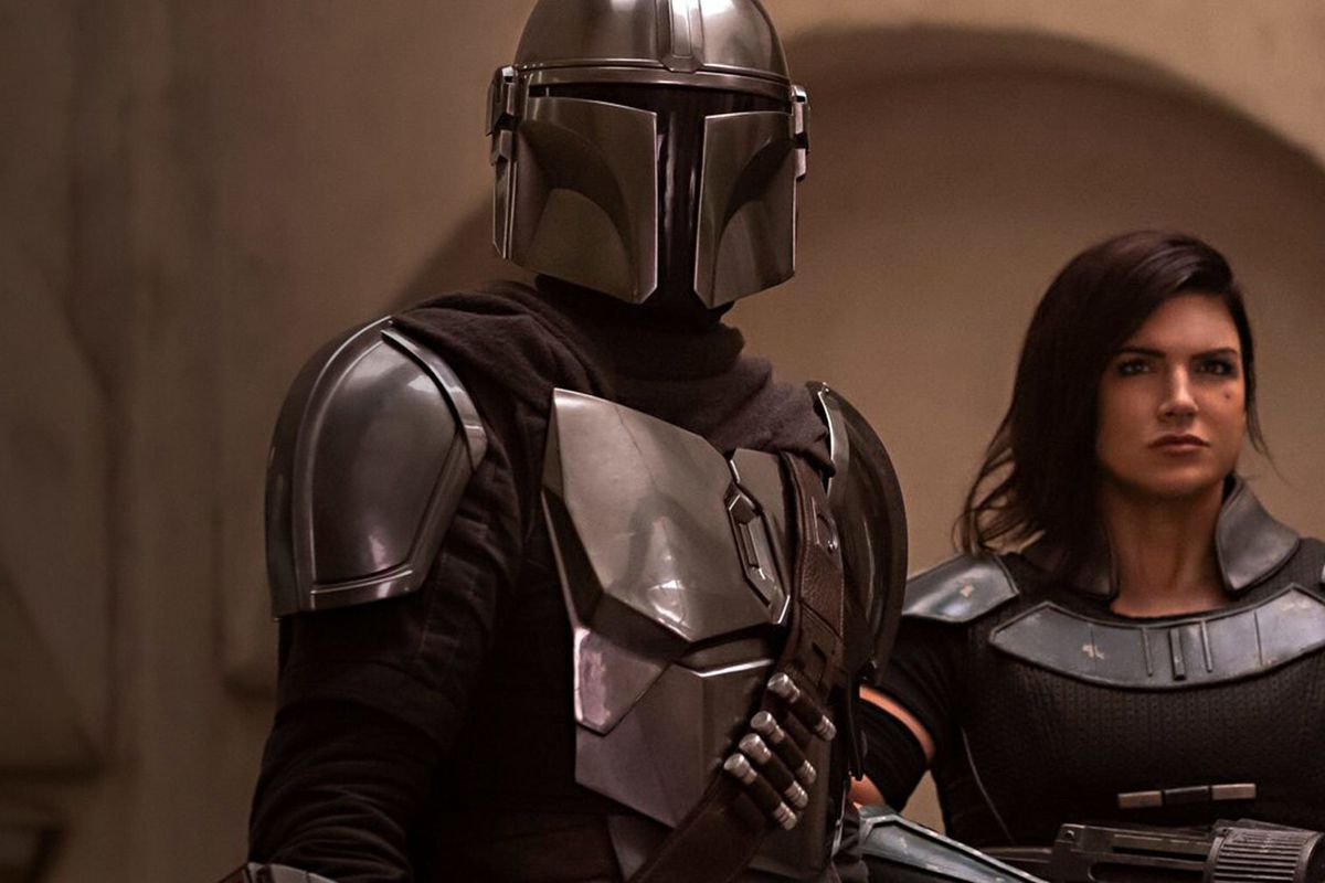 The Mandalorian and Cara Dune appear in a still from the Disney Plus series