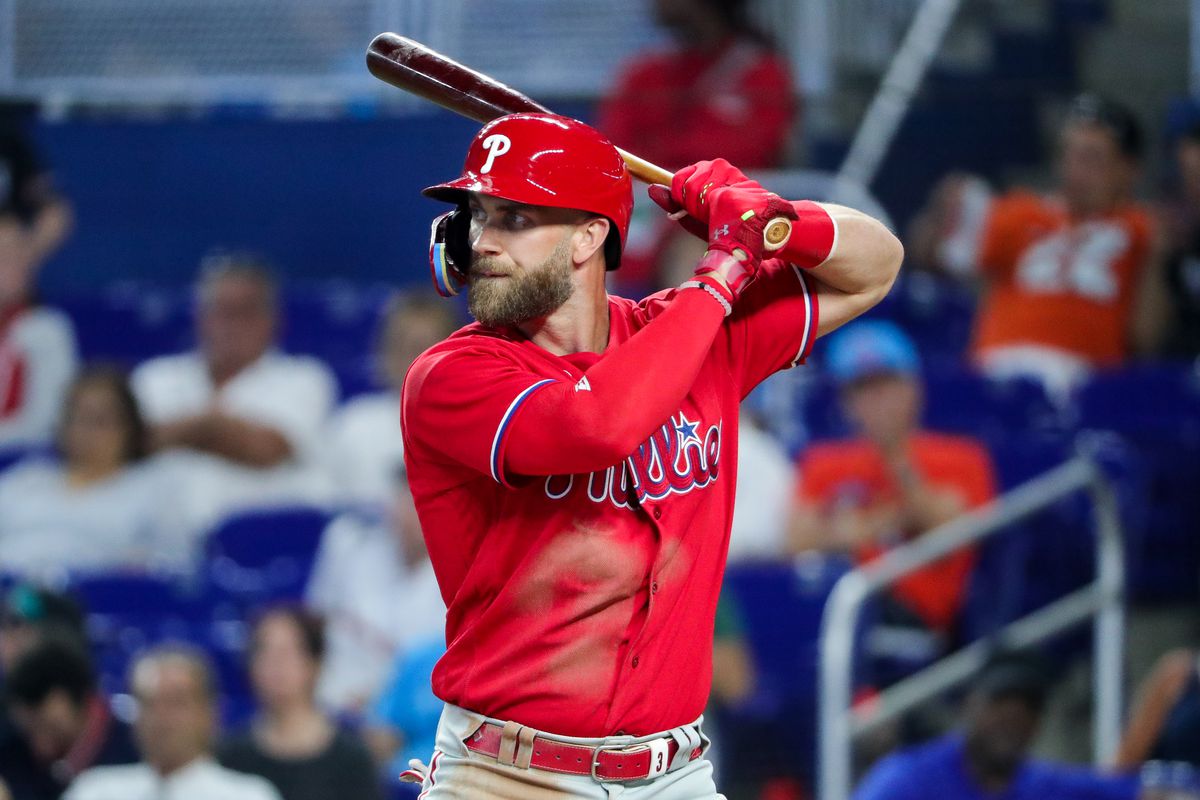 Bryce Harper #3 of the Philadelphia Phillies at bat in the seventh inning against the Miami Marlins at loanDepot park on April 17, 2022 in Miami, Florida.