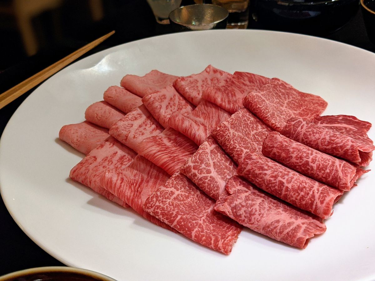 Sliced wagyu beef at Ima in Beverly Hills.