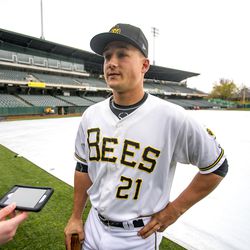 Bees' Matt Thaiss talks with media members as the Salt Lake Bees hold their media day at Smith's Ballpark on Tuesday, April 2, 2019.