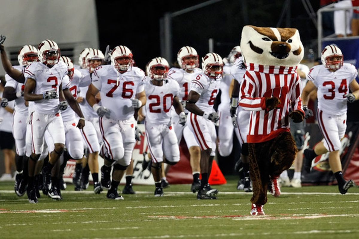 LAS VEGAS - SEPTEMBER 04:  The Wisconsin Badgers including mascot Bucky Badger take the field for their game against the UNLV Rebels at Sam Boyd Stadium September 4 2010 in Las Vegas Nevada. Wisconsin won 41-21.  (Photo by Ethan Miller/Getty Images)