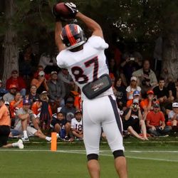 Broncos WR Eric Decker makes a grab in the back of the endzone during drills