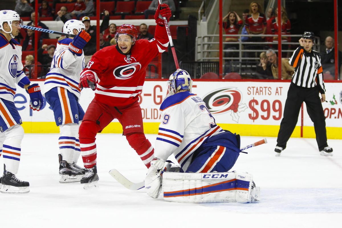 Jeff Skinner celebrates his second period goal against Oilers