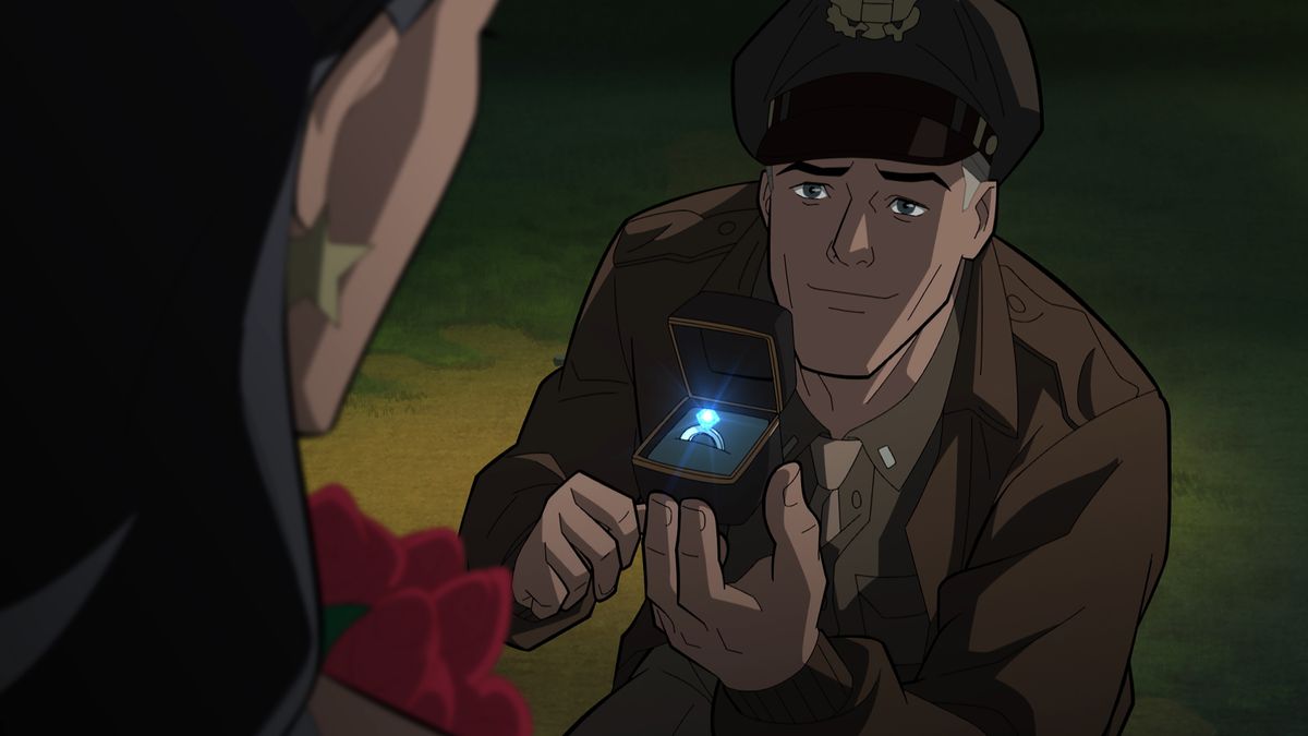 Kneeling, Steve Trevor holds a box with a shining diamond ring in it out to Wonder Woman in Justice Society: World War II. 