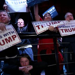 The crowd cheers as Donald Trump, the front-runner in the GOP presidential race, speaks at the Infinity Event Center in Salt Lake City on Friday, March 18, 2016.  