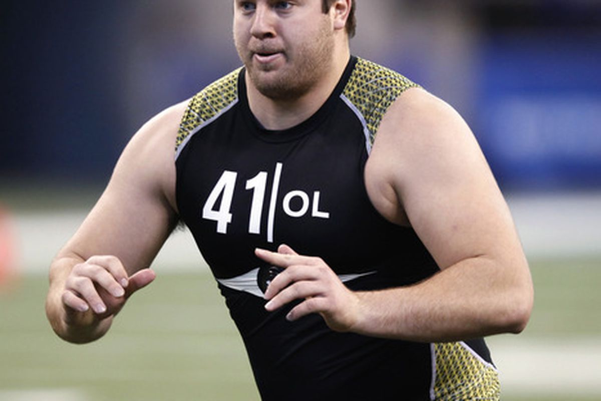 INDIANAPOLIS, IN - FEBRUARY 25: Offensive lineman Riley Reiff of Iowa participates in a drill during the 2012 NFL Combine at Lucas Oil Stadium on February 25, 2012 in Indianapolis, Indiana. (Photo by Joe Robbins/Getty Images)