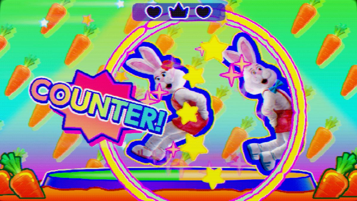 A character in a bunny costume bumps another bunny off a small stage in a screenshot from Everybody 1-2-Switch