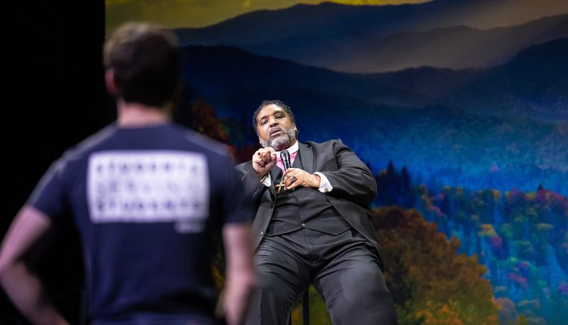 The Rev. Dr. William Barber II responds to a student’s question at Brigham Young University on Tuesday, Nov. 30, 2021.