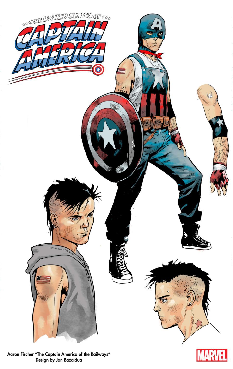 Character designs for Aaron Fischer/Captain America, wearing denim overalls painted with red Captain America strips and a white star, a blue hood tied around his head, and a pair of Converse high tops. His dark shaggy hair is shaved on both sides. 