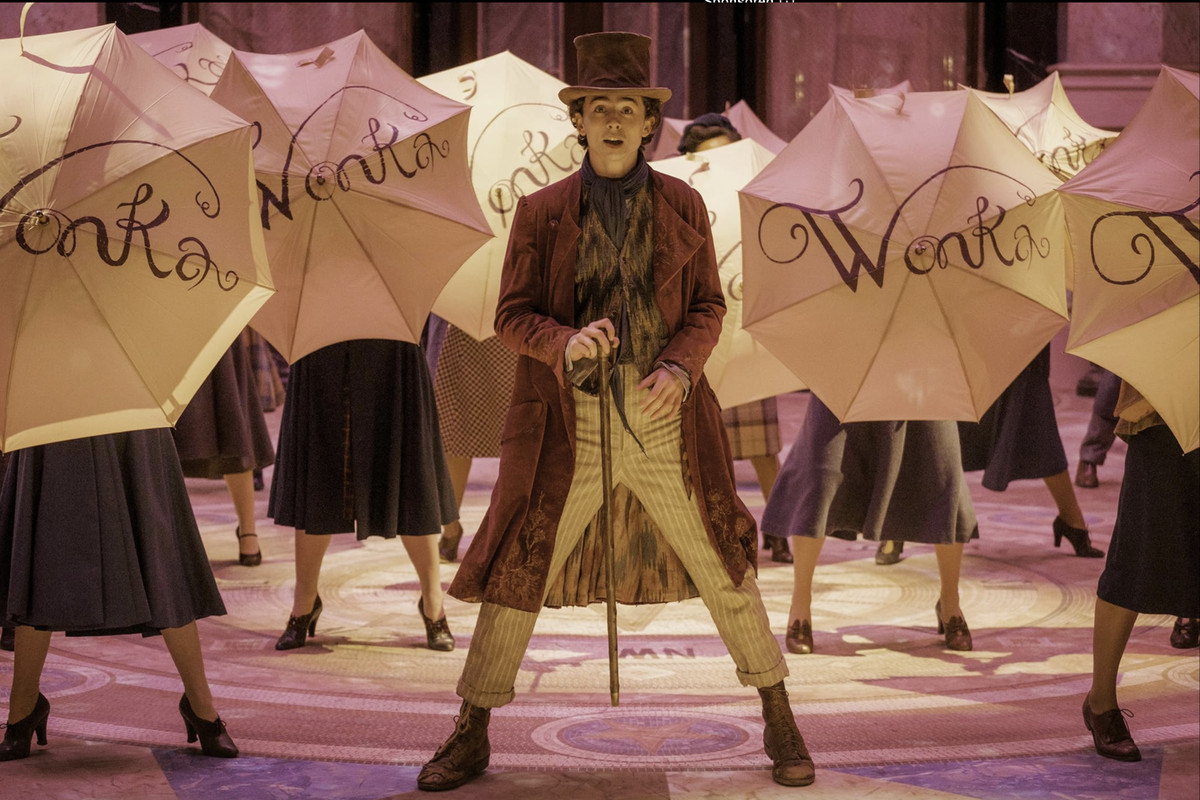 A young man in a purple coat and top hat standing astride amid a bunch of dancers holding open umbrellas that say “Wonka” on them.