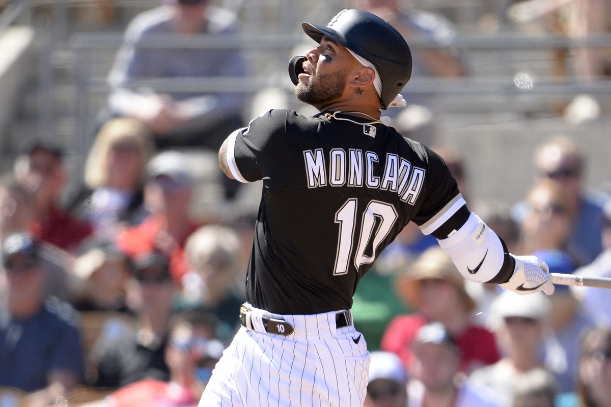 Yoan Moncada #10 of the Chicago White Sox bats against the Kansas City Royals on March 8, 2020 at Camelback Ranch in Glendale Arizona.