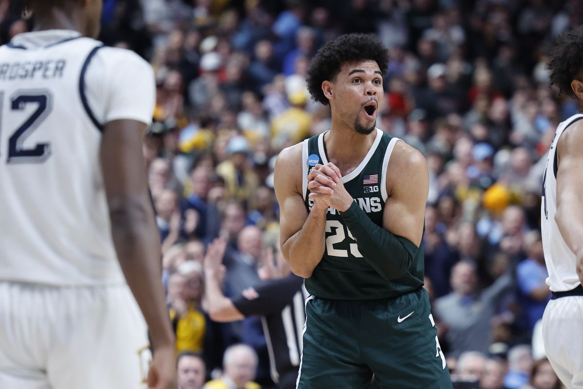 Michigan State Spartans forward Malik Hall (25) celebrates a play in the second half against the Marquette Golden Eagles at Nationwide Arena.&nbsp;