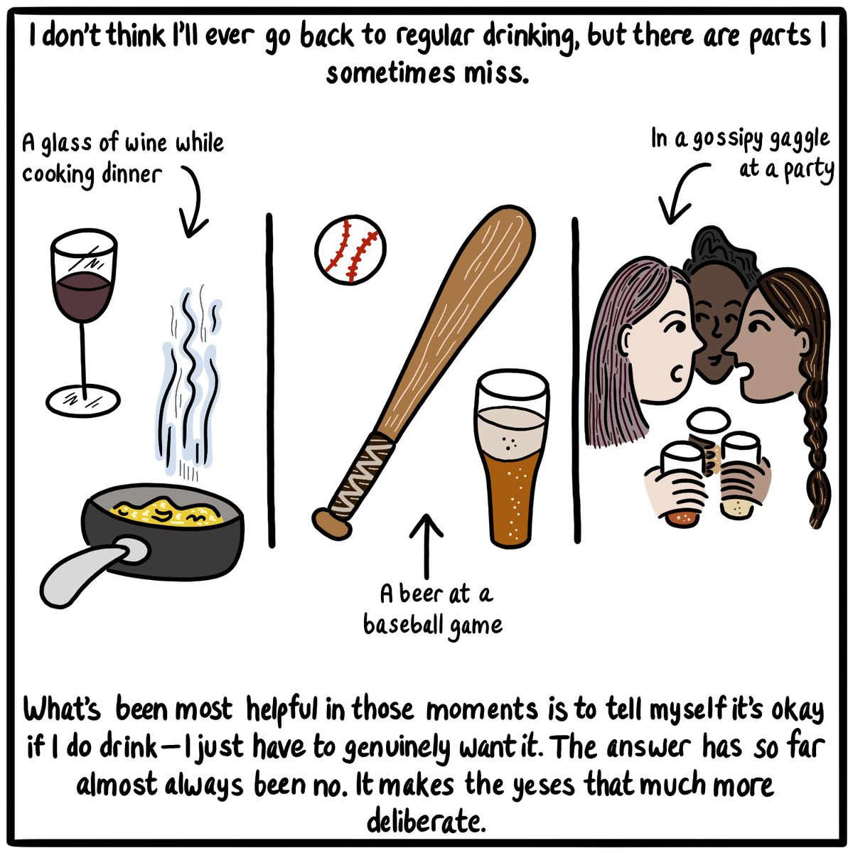 Split-panel image of cooking dinner, attending a baseball game, and going to a party. Caption reads “I don’t think I’ll ever go back to regular drinking, but there are parts I sometimes miss. A glass of wine while cooking dinner. A beer at a baseball game. In a gossipy gaggle at a party. What’s been most helpful in those moments is to tell myself it’s okay if I do drink — I just have to genuinely want it. The answer has so far almost always been no. It makes the yeses that much more deliberate.”