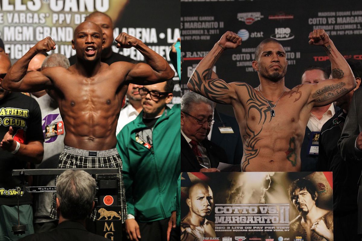 Floyd Mayweather Jr and MIguel Cotto hit the road in late February for a three-stop promotional tour. (Photos by Ethan Miller and Al Bello/Getty Images)