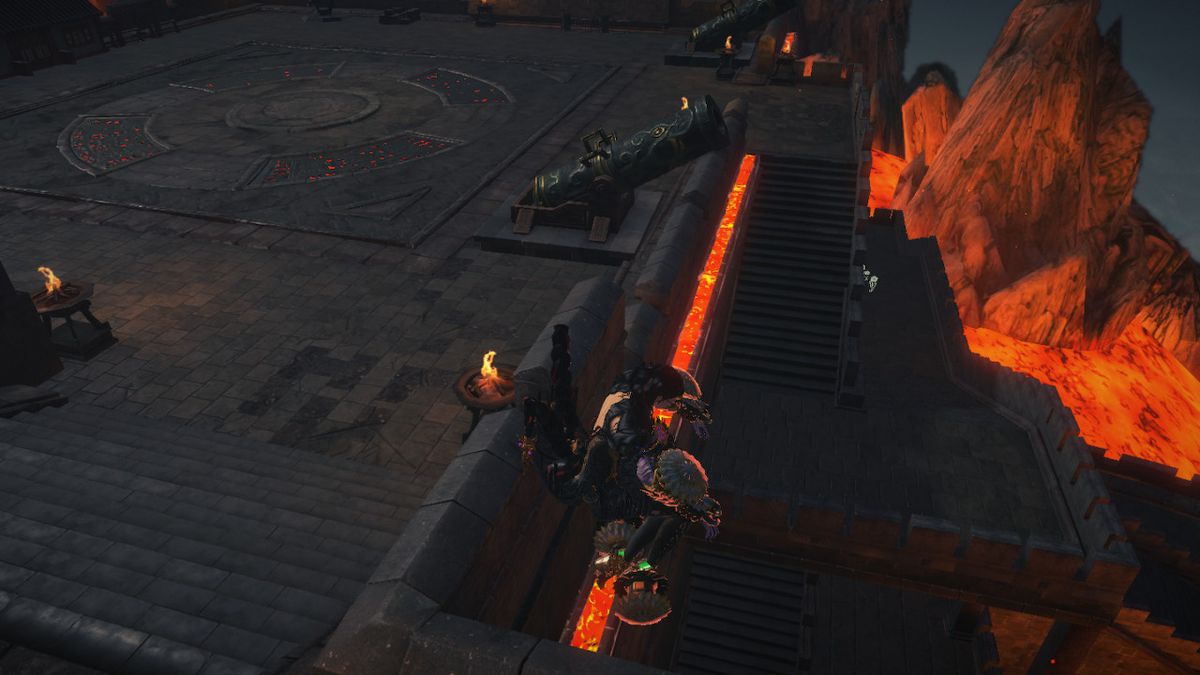 Bayonetta perches on the edge of a ledge on a castle near a Broken Moon Pearl.