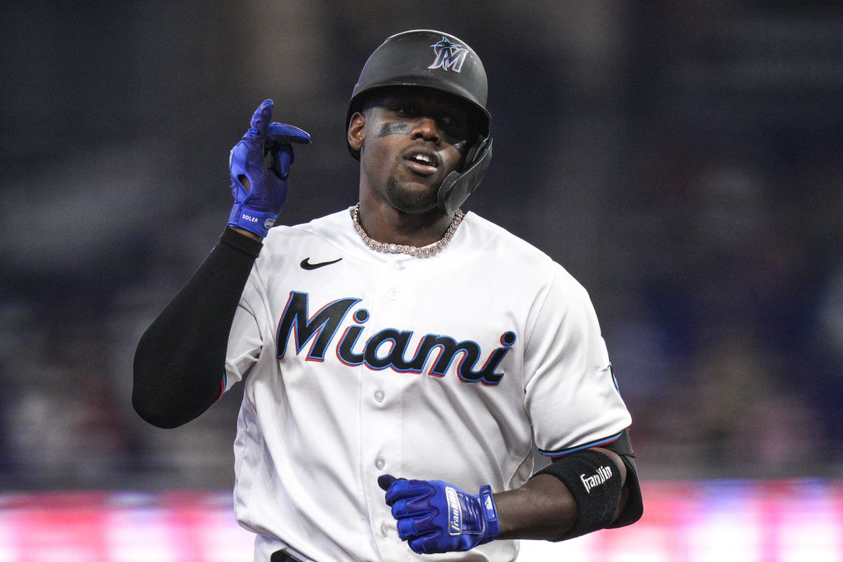 Jorge Soler #12 of the Miami Marlins runs the bases after hitting a solo homerun against the Milwaukee Brewers during the third inning at loanDepot park on May 15, 2022 in Miami, Florida.