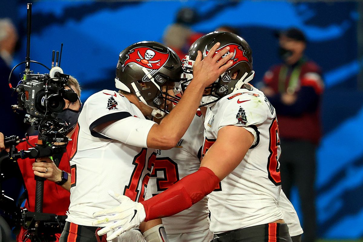 The Tampa Bay Buccaneers celebrate a touchdown during the second quarter against the Kansas City Chiefs in Super Bowl LV at Raymond James Stadium on February 07, 2021 in Tampa, Florida.