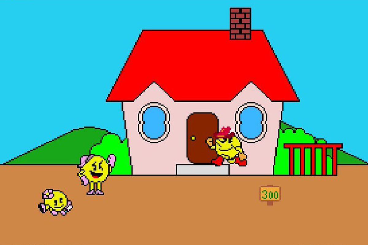 screen from Arcade Archives: Pac-Land, with a Ms. Pac-Man and Baby-Pac who are altered from their original 1980s appearances.