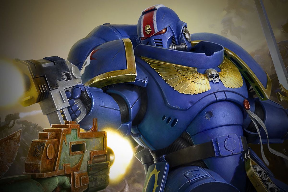 A Primaris Leutenant takes aim and fires with a bolt pistol. He is clad in blue armor with gold trim, a skull-headed eagle on his breastplate.