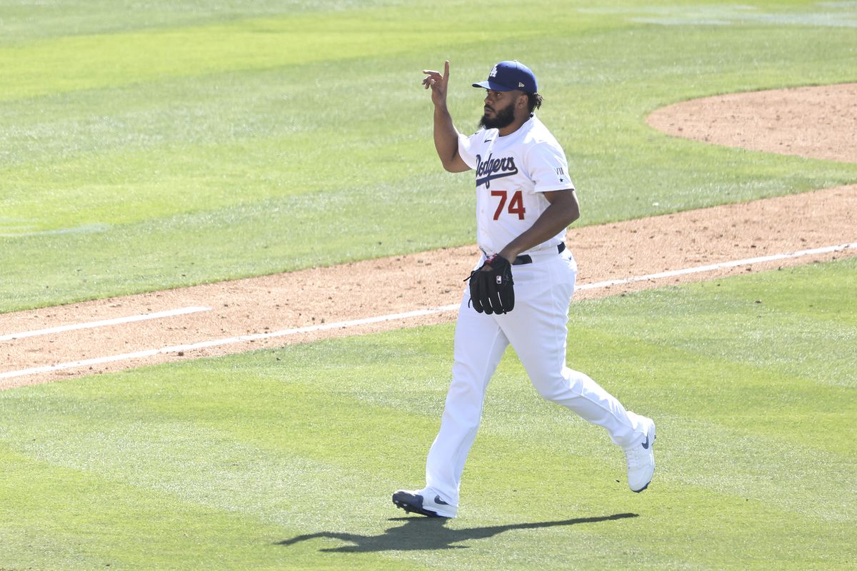 &nbsp;Kenley Jansen #74 of the Los Angeles Dodgers reacts as he throws the last out to first base to defeat the Washington Nationals, 3-0 during the ninth inning at Dodger Stadium on April 11, 2021 in Los Angeles, California.