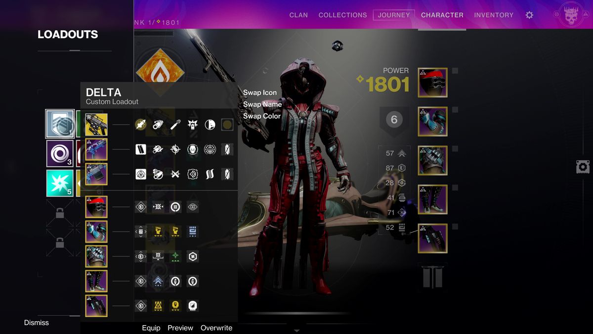 Destiny 2 inventory screen with the loadout menu appearing on the left side, with a detailed view of the selected loadout
