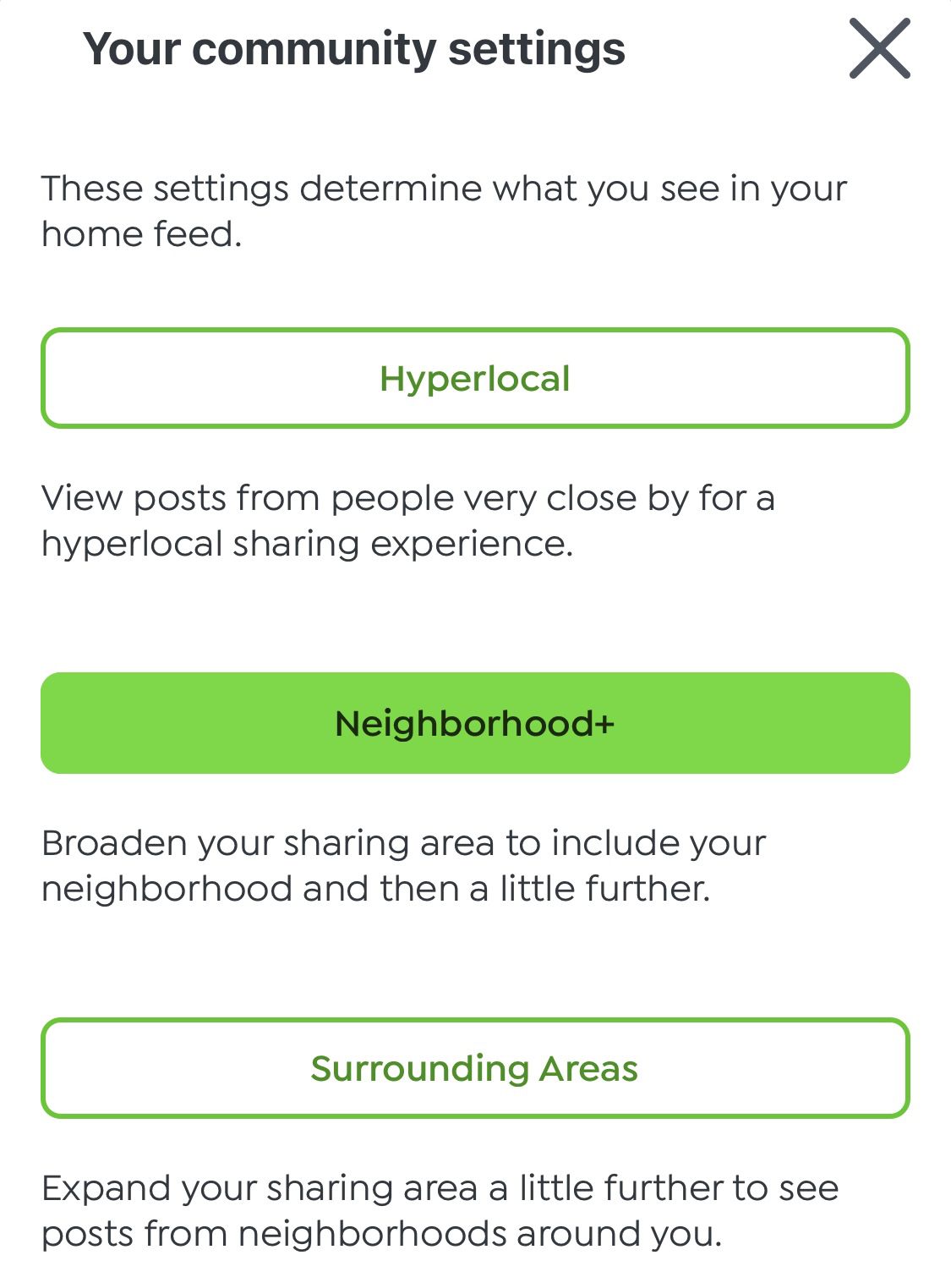 The app presents three distance settings for users from “hyperlocal” to “surrounding areas.”