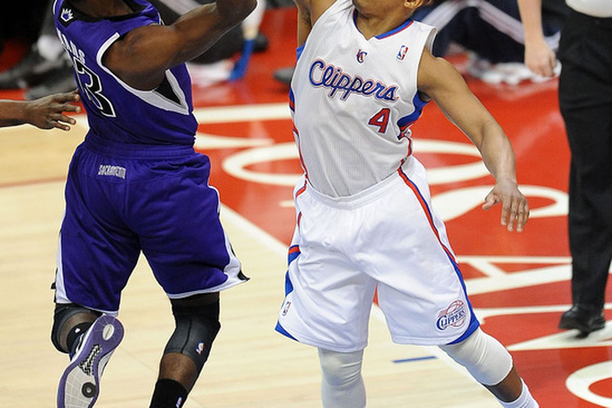 April 7, 2012; Los Angeles, CA, USA;    Los Angeles Clippers guard Randy Foye (4) defends a shot by Sacramento Kings point guard Tyreke Evans (13) in the first quarter at the Staples Center. Mandatory Credit: Jayne Kamin-Oncea-US PRESSWIRE
