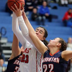 East High plays Brighton in the first round of the 5A girls basketball championships at Salt Lake Community College in Taylorsville on Monday, Feb. 19, 2018. East won 49-37.