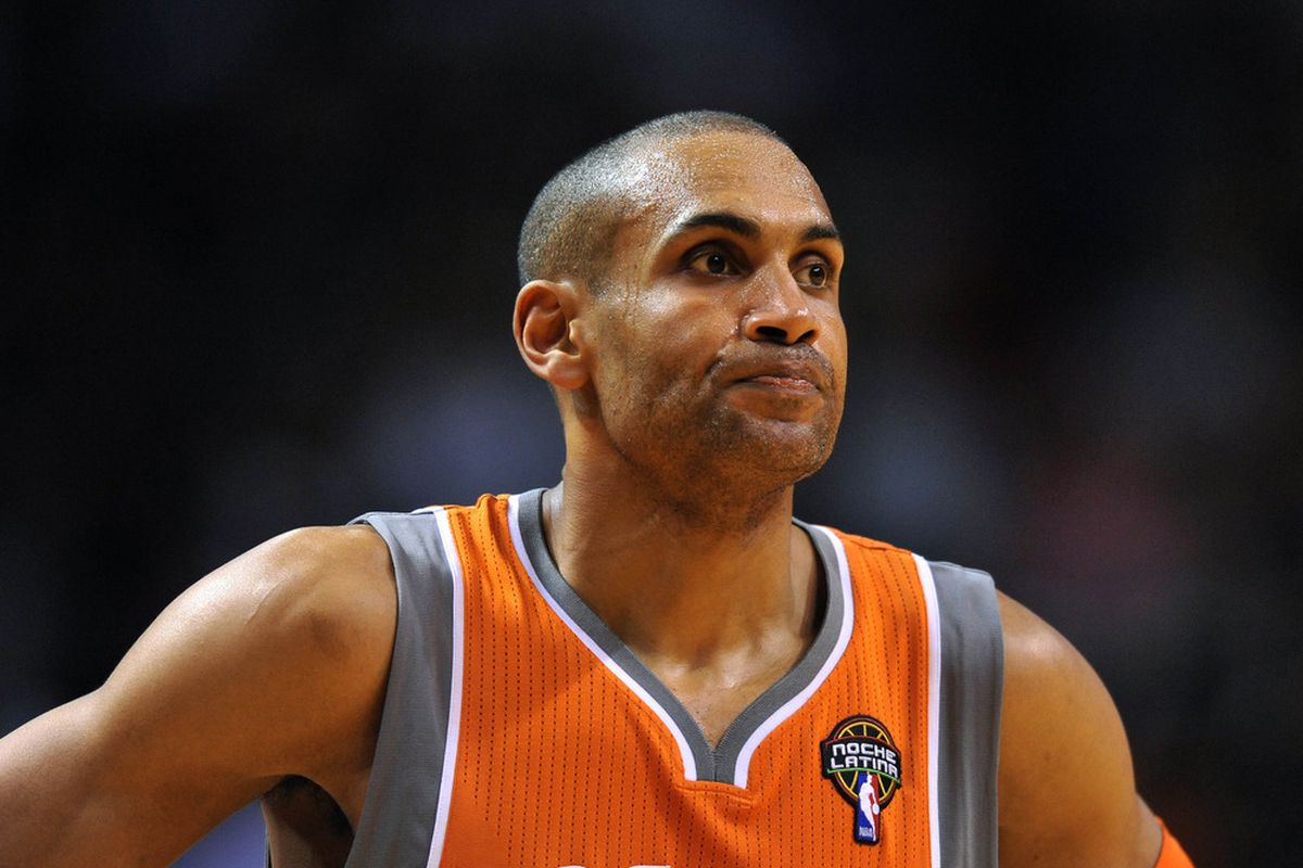 March 20, 2012; Miami, FL, USA; Phoenix Suns small forward Grant Hill (33) looks on during the second half against the Miami Heat at American Airlines Arena. Mandatory Credit: Steve Mitchell-US PRESSWIRE