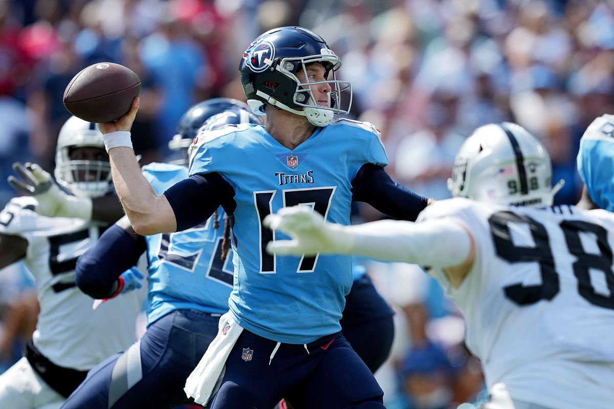 Ryan Tannehill #17 of the Tennessee Titans throws a pass against the Las Vegas Raiders during the second quarter at Nissan Stadium on September 25, 2022 in Nashville, Tennessee.