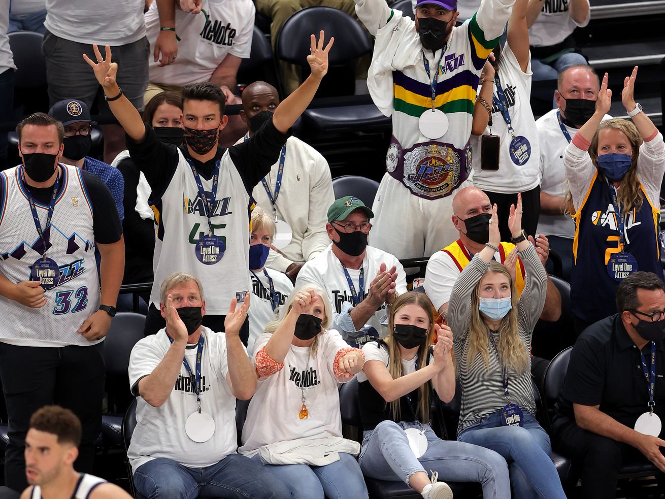 Fans erupt after Jazz forward Georges Niang hit a 3-pointer during Game 1 of their NBA playoff series against the Grizzlies.