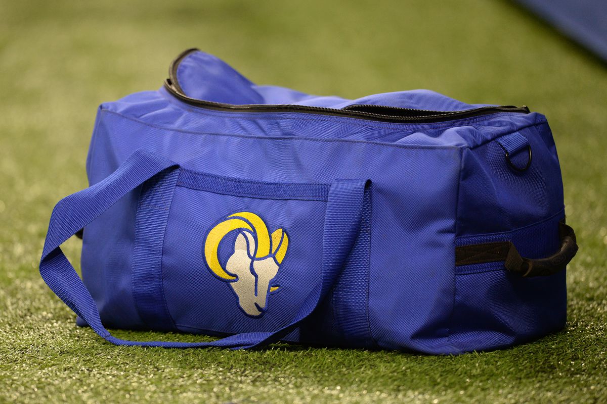 An equipment bag displays a Los Angeles Rams logo before the start of the NFL football game between the Los Angeles Rams and the Indianapolis Colts on September 19, 2021, at Lucas Oil Stadium in Indianapolis, Indiana.